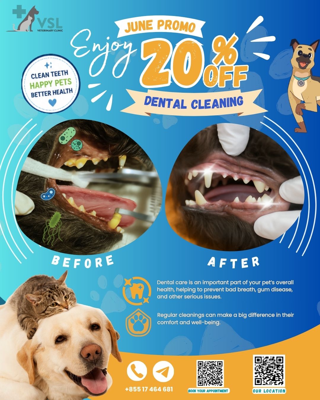 🦷✨ JUNE DENTAL PROMO FOR PETS! ✨🦷Keep your pet smiling bright this June with 20% OFF dental cleanings!
Regular dental care helps prevent bad breath, gum disease, and other health issues — keeping your furry friend happier and healthier.Take advantage of this limited-time offer and book your pet’s dental appointment today!Please note: The 20% discount applies only to the “Cat Dental” or “Dog Dental” procedure. Tooth extractions, medications, and any additional treatments are not included in the promotion.🔖Book your appointment:
🔗Link: https://ap-booking.vetstoria.com/booking/66b5d69745c87/?r=6
📞Phone: 023-986-640
📲WhatsApp: 017 464 681
📲Telegram: https://t.me/VSLveterinaryclinic
📍Visit us in BKK1: https://share.google/pglZkQrmunrFuLRKX
📱Join our VSL Telegram group: https://t.me/+5d7K4kN3Y0ljZTEy~~~~~🦷✨ ប្រូម៉ូសិនថែទាំធ្មេញសត្វចិញ្ចឹមប្រចាំខែមិថុនា! ✨🦷រក្សាស្នាមញញឹមរបស់សត្វចិញ្ចឹមអ្នកឲ្យភ្លឺស្រស់ក្នុងខែមិថុនានេះ ជាមួយ បញ្ចុះតម្លៃ 20% លើសេវាសម្អាតធ្មេញ! 🐾ការថែទាំធ្មេញជាប្រចាំ ជួយការពារក្លិនមាត់មិនល្អ ជំងឺអញ្ចាញធ្មេញ និងបញ្ហាសុខភាពផ្សេងៗ ដើម្បីឲ្យមិត្តស្និទ្ធរោមរបស់អ្នក មានសុខភាពល្អ និងរីករាយជាងមុន 💙✨ កុំខកខានប្រូម៉ូសិនមានកំណត់នេះ — កក់ពេលសម្អាតធ្មេញសម្រាប់សត្វរបស់អ្នកថ្ងៃនេះ!📌 សូមចំណាំ៖
ការបញ្ចុះតម្លៃ 20% អនុវត្តតែលើសេវា “Cat Dental” ឬ “Dog Dental” ប៉ុណ្ណោះ។
ការដកធ្មេញ ថ្នាំពេទ្យ និងការព្យាបាលបន្ថែមផ្សេងៗ មិនរួមបញ្ចូលក្នុងប្រូម៉ូសិននេះទេ។🔖 កក់ពេលជួបរបស់អ្នក៖
🔗 តំណភ្ជាប់: https://ap-booking.vetstoria.com/booking/66b5d69745c87/?r=6
📞 ទូរស័ព្ទ: 023-986-640
📲 WhatsApp:+855 017 464 681
📲Telegram: https://t.me/VSLveterinaryclinic
📍 មកកាន់យើងនៅ BKK1: https://share.google/pglZkQrmunrFuLRKX
📱 ចូលរួមក្រុម VSL Telegram របស់យើង: https://t.me/+5d7K4kN3Y0ljZTEy