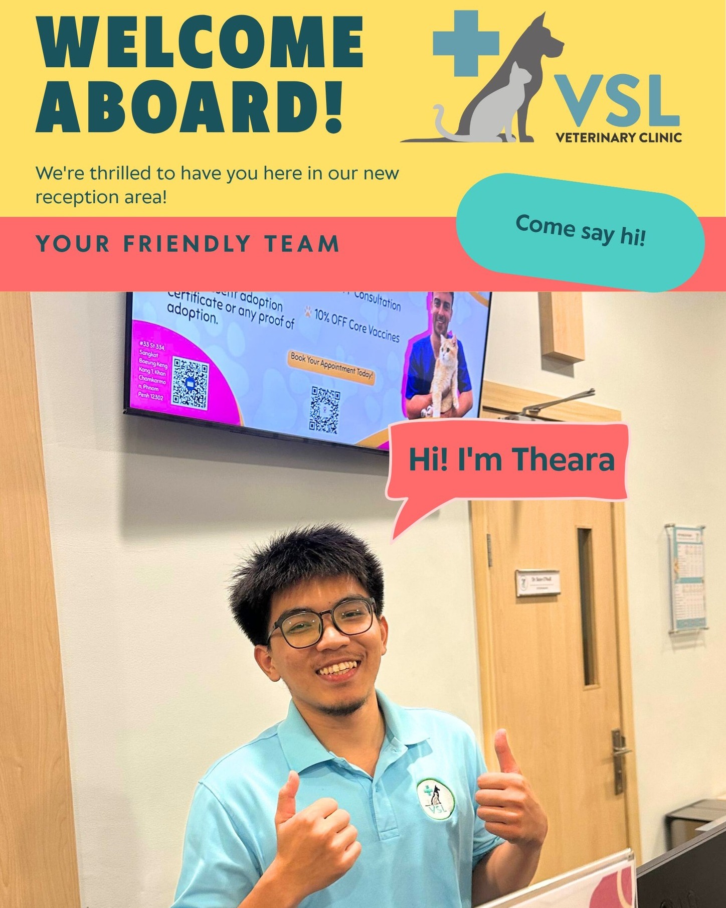 🎉 Say hello to our new Receptionist ! 🎉
We’re thrilled to welcome Theara  to the reception team!
Warm smiles, positive vibes, and top-tier hospitality incoming.
Make sure to stop by, say hi, and give Theara a big welcome! 💛✨🔖Book your appointment:
🔗Link: https://ap-booking.vetstoria.com/booking/66b5d69745c87/?r=6 📞Phone: 023-986-640
📲WhatsApp/Telegram: 017-464-681
📍Visit us in BKK1: https://share.google/pglZkQrmunrFuLRKX
📱Join our VSL Telegram group:~~~~🎉 សូមស្វាគមន៍បុគ្គលិកទទួលភ្ញៀវថ្មីរបស់យើង! 🎉
យើងសប្បាយចិត្តណាស់ក្នុងការសូមស្វាគមន៍ ធារា ចូលរួមជាមួយក្រុមបុគ្គលិកទទួលភ្ញៀវរបស់យើង!
រីករាយជាមួយភាពសប្បាយរីករាយ ភាពវិជ្ជាជីវៈ និងសេវាកម្មសម្រាប់ភ្ញៀវដ៏កក់ក្តៅពីអ្នកថ្មីរូបនេះ 💛✨
កុំភ្លេចឈប់មកសួរសុខទុក្ខ និងផ្តល់ស្វាគមន៍កក់ក្តៅដល់ ធារា ផង nhé! 🐾😊🔖 កក់ពេលជួបរបស់អ្នក៖
🔗 តំណភ្ជាប់: https://ap-booking.vetstoria.com/booking/66b5d69745c87/?r=6
📞 ទូរស័ព្ទ: 023-986-640
📲 WhatsApp/Telegram: 017-464-681
📍 មកកាន់យើងនៅ BKK1: https://share.google/pglZkQrmunrFuLRKX
📱 ចូលរួមក្រុម VSL Telegram របស់យើង: https://t.me/+5d7K4kN3Y0ljZTEy