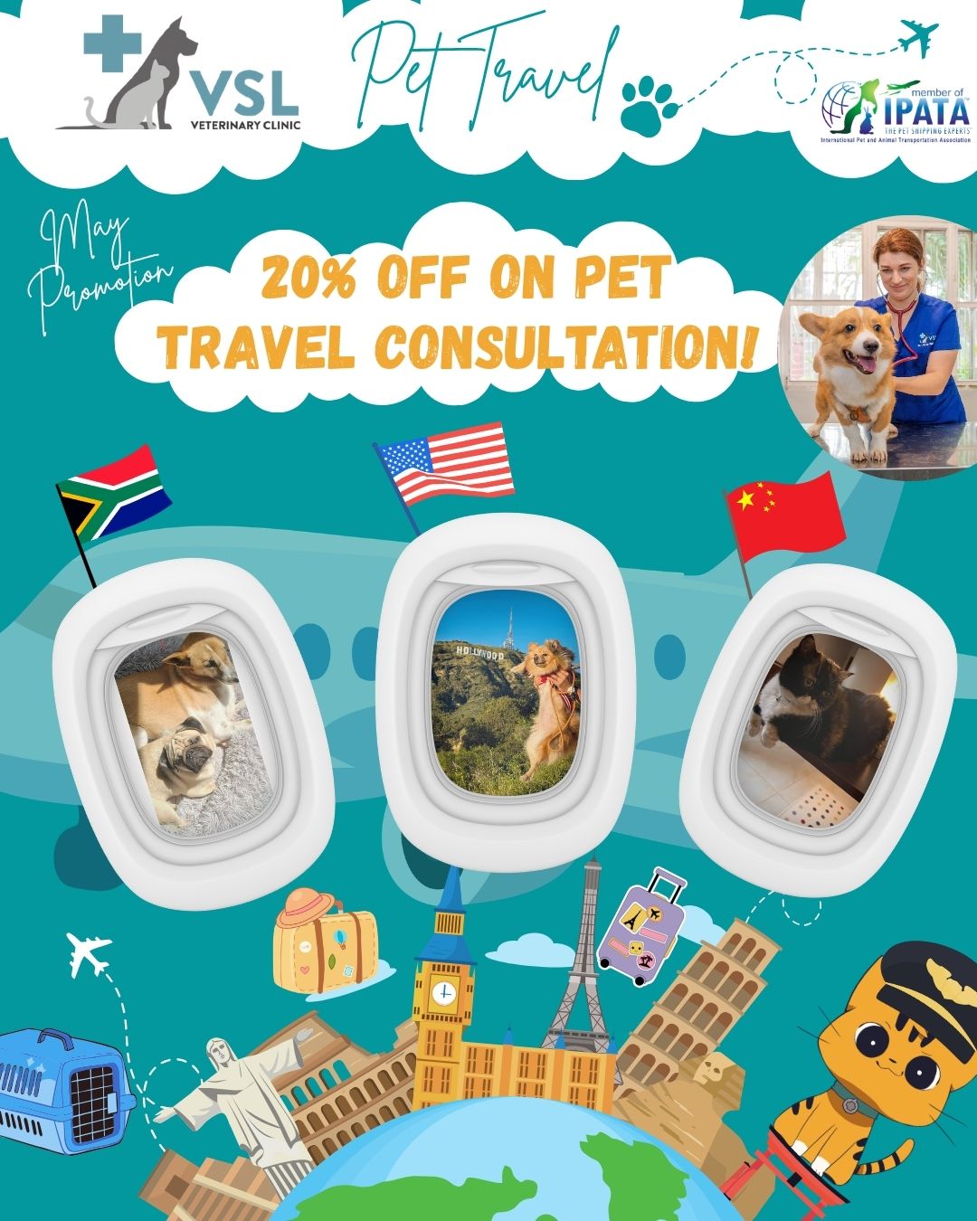 🌍✈️ MAY PROMO: 20% OFF Pet Travel Consultation!Relocating with your pet? Let’s make the journey smooth, safe, and stress-free.
Moving abroad is a big step and bringing your furry companion along takes careful planning. Our team specializes in international pet relocation and is a proud member of IPATA (International Pet and Animal Transportation Association), following global best practices to ensure your pet’s safety, comfort, and full compliance every step of the way.Many destinations require months (sometimes up to a year!) of preparation, including vaccinations, testing, and documentation so starting early is key.We’ve got everything covered in one place:
✔️ Health checks & vaccinations
✔️ Rabies testing
✔️ Microchipping
✔️ Deworming & parasite control
✔️ Export permits & official documents
✔️ IATA-approved travel crate guidance
✔️ Personalized relocation timelineWith the right support, relocating your pet doesn’t have to be overwhelming. Let us help you plan a journey that’s as smooth as it is safe.🔖Book your appointment:
🔗Link: https://ap-booking.vetstoria.com/booking/66b5d69745c87/?r=6
📞Phone: 023-986-640
📲WhatsApp: 017 464 681
📲Telegram: https://t.me/VSLveterinaryclinic
📍Visit us in BKK1: https://share.google/pglZkQrmunrFuLRKX
📱Join our VSL Telegram group: https://t.me/+5d7K4kN3Y0ljZTEy