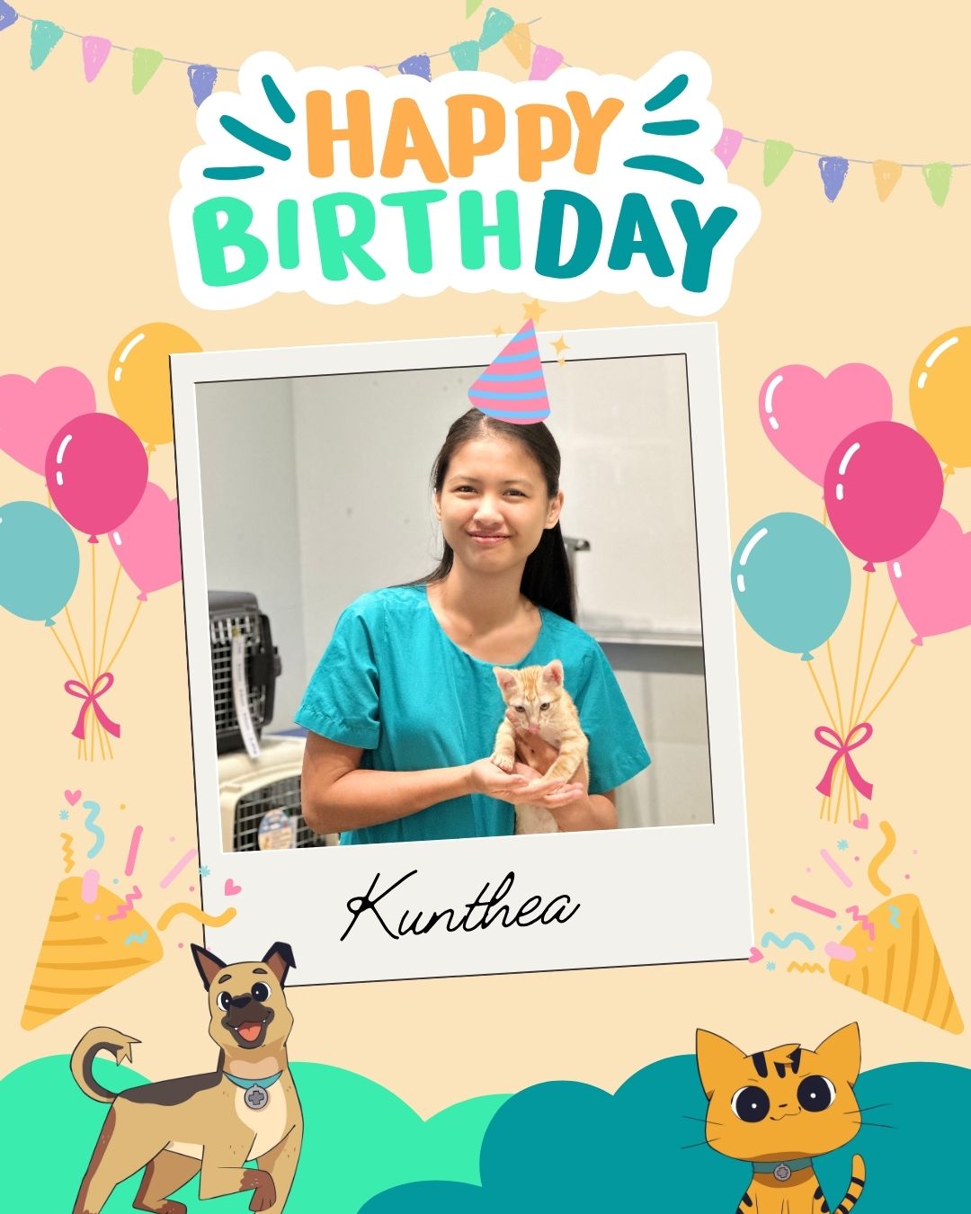 Happy Birthday to our amazing Clinic supervisor,  Kunthea! 🎉🐾Wishing you a year filled with happiness, success, good health, and endless blessings. Enjoy your special day! ❤️~~~🎉🐾 សូមជូនពរថ្ងៃកំណើតសប្បាយរីករាយ ដល់អ្នកគ្រប់គ្រងគ្លីនិកដ៏អស្ចារ្យរបស់យើង Kunthea!សូមជូនពរឲ្យឆ្នាំថ្មីនៃជីវិតរបស់អ្នក ពោរពេញដោយសុភមង្គល ជោគជ័យ សុខភាពល្អ និងពរជ័យជាច្រើន។ 💖សូមរីករាយជាមួយថ្ងៃពិសេសរបស់អ្នក! ❤️
