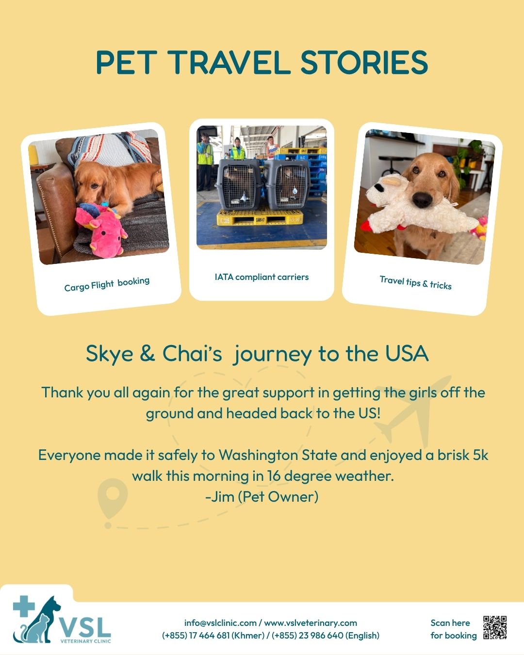 🐾✈️ Skye & Chai’s Journey from Cambodia to the USA!
Two sweet Golden Retrievers, one big adventure!
Skye & Chai travelled all the way from Cambodia to the USA as fully manifested cargo, beginning an exciting new chapter across the world. 🌏✈️We’re so happy and grateful that their family chose VSL Pet Travel Service to assist with their journey. From preparing the required documents to coordinating their travel arrangements, we were honoured to help make their relocation as smooth as possible. 🐾💙🔖Book your appointment:
🔗Link: https://ap-booking.vetstoria.com/booking/66b5d69745c87/?r=6
📞Phone: 023-986-640
📲WhatsApp: 017 464 681
📲Telegram: https://t.me/VSLveterinaryclinic
📍Visit us in BKK1: https://share.google/pglZkQrmunrFuLRKX
📱Join our VSL Telegram group: https://t.me/+5d7K4kN3Y0ljZTEy~~~🐾✈️ ដំណើររបស់ Skye & Chai ពីកម្ពុជា ទៅកាន់សហរដ្ឋអាមេរិក! 🇰🇭➡️🇺🇸🐶🐶 Golden Retriever ដ៏គួរឱ្យស្រឡាញ់ពីរក្បាល និងដំណើរផ្សងព្រេងដ៏ធំមួយ! 💙Skye & Chai បានធ្វើដំណើរពីប្រទេសកម្ពុជា ទៅកាន់សហរដ្ឋអាមេរិក ដោយធ្វើដំណើរតាម Fully Manifested Cargo ដែលជាការចាប់ផ្តើមជំពូកថ្មីដ៏រំភើបមួយនៅទូទាំងពិភពលោក។ 🌏✈️ពួកយើងពិតជារីករាយ និងមានអំណរគុណយ៉ាងខ្លាំង ដែលគ្រួសាររបស់ពួកគេបានជ្រើសរើស VSL Pet Travel Service ដើម្បីជួយសម្របសម្រួលដំណើររបស់ពួកគេ។ 🐾💙ចាប់ពីការរៀបចំឯកសារដែលតម្រូវឱ្យមាន រហូតដល់ការសម្របសម្រួលការរៀបចំការធ្វើដំណើរ ពួកយើងមានកិត្តិយសដែលបានជួយធ្វើឱ្យដំណើរផ្លាស់ទីរបស់ពួកគេប្រព្រឹត្តទៅបានយ៉ាងរលូន និងងាយស្រួលតាមដែលអាចធ្វើទៅបាន។ ✈️🌍🐾សូមជូនពរ Skye & Chai ឱ្យមានដំណើរដ៏សុវត្ថិភាព និងជំពូកថ្មីដ៏ស្រស់ស្អាតនៅសហរដ្ឋអាមេរិក! 🇺🇸💛🔖 កក់ពេលជួបរបស់អ្នក៖
🔗 តំណភ្ជាប់: https://ap-booking.vetstoria.com/booking/66b5d69745c87/?r=6
📞 ទូរស័ព្ទ: 023-986-640
📲 WhatsApp:+855 017 464 681
📲Telegram: https://t.me/VSLveterinaryclinic
📍 មកកាន់យើងនៅ BKK1: https://share.google/pglZkQrmunrFuLRKX
📱 ចូលរួមក្រុម VSL Telegram របស់យើង: https://t.me/+5d7K4kN3Y0ljZTEy