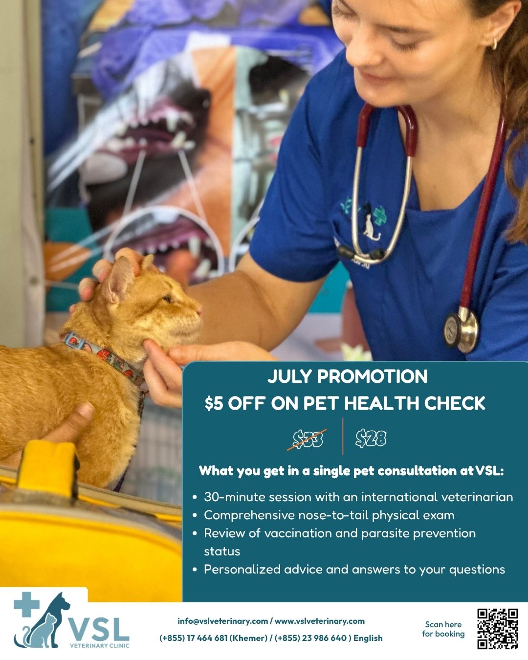 ✨ PROMO REMINDER! ✨🎉 July Promotion: $5 Off on Pet Health Check – Until July 31!
Schedule your pet’s consultation or annual checkup this month and enjoy a special discount!
💲 Regular price: $33 USD
💲 Discounted price: $28 USD
What you get in a single pet consultation at VSL:
✔️ 30-minute session with an international veterinarian
✔️ Comprehensive nose-to-tail physical exam
✔️ Review of vaccination and parasite prevention status
✔️ Personalized advice and answers to your questions
Don’t miss out — book your appointment today and give your pet the care they deserve!
🔖Book your appointment:
🔗Link: https://ap-booking.vetstoria.com/booking/66b5d69745c87/?r=6
📞Phone: 023-986-640
📲WhatsApp: 017 464 681
📲Telegram: https://t.me/VSLveterinaryclinic
📍Visit us in BKK1: https://share.google/pglZkQrmunrFuLRKX
📱Join our VSL Telegram group: https://t.me/+5d7K4kN3Y0ljZTEy
~~~~~~~
🎉 ប្រូម៉ូសិនខែកក្កដា៖ បញ្ចុះតម្លៃ 5 ដុល្លារលើការពិនិត្យសុខភាពសត្វចិញ្ចឹម - រហូតដល់ថ្ងៃទី 31 ខែកក្កដា!
កំណត់ពេលការប្រឹក្សាសត្វចិញ្ចឹមរបស់អ្នក ឬការត្រួតពិនិត្យប្រចាំឆ្នាំក្នុងខែនេះ ហើយរីករាយជាមួយការបញ្ចុះតម្លៃពិសេស!
💲 តម្លៃធម្មតា : $33 USD
💲 បញ្ចុះតម្លៃ $28 USD
អ្វីដែលអ្នកទទួលបាននៅក្នុងការប្រឹក្សាសត្វចិញ្ចឹមតែមួយនៅ VSL៖
✔️ វគ្គ 30 នាទីជាមួយពេទ្យសត្វអន្តរជាតិ
✔️ ការពិនិត្យរាងកាយពីច្រមុះដល់កន្ទុយ
✔️ ពិនិត្យស្ថានភាពចាក់វ៉ាក់សាំង និងការពារប៉ារ៉ាស៊ីត
✔️ ដំបូន្មានផ្ទាល់ខ្លួន និងចម្លើយចំពោះសំណួររបស់អ្នក។
កុំខកខាន — កក់ការណាត់ជួបរបស់អ្នកនៅថ្ងៃនេះ ហើយផ្តល់ឱ្យសត្វចិញ្ចឹមរបស់អ្នកនូវការថែទាំដែលពួកគេសមនឹងទទួលបាន!
🔖 កក់ពេលជួបរបស់អ្នក៖
🔗 តំណភ្ជាប់: https://ap-booking.vetstoria.com/booking/66b5d69745c87/?r=6
📞 ទូរស័ព្ទ: 023-986-640
📲 WhatsApp:+855 017 464 681
📲Telegram: https://t.me/VSLveterinaryclinic
📍 មកកាន់យើងនៅ BKK1: https://share.google/pglZkQrmunrFuLRKX
📱 ចូលរួមក្រុម VSL Telegram របស់យើង: https://t.me/+5d7K4kN3Y0ljZTEy See less