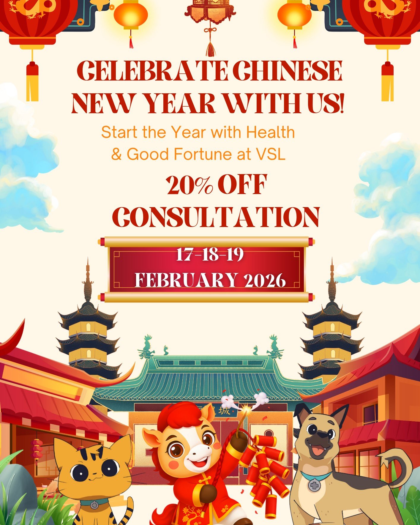 🎉🐉 Celebrate Chinese New Year with us! 🐉🎉
Start the year right with 20% OFF Consultation Fees 🧧✨
📅 For 3 days — Feb 17, 18 & 19 only!Book now and don’t miss out!🔖Book your appointment:
🔗Link: https://ap-booking.vetstoria.com/booking/66b5d69745c87/?r=6
📞Phone: 023-986-640
📲WhatsApp: 017 464 681
📲Telegram: https://t.me/VSLveterinaryclinic
📍Visit us in BKK1: https://share.google/pglZkQrmunrFuLRKX
📱Join our VSL Telegram group: https://t.me/+5d7K4kN3Y0ljZTEy~~~~~~🎉🐉 អបអរសាទរឆ្នាំចិនថ្មីជាមួយយើង! 🐉🎉ចាប់ផ្តើមឆ្នាំថ្មីដោយត្រឹមត្រូវ ជាមួយ បញ្ចុះតម្លៃ ២០% លើថ្លៃពិនិត្យសុខភាព 🧧✨📅 ត្រឹម ៣ ថ្ងៃ — 17, 18 និង 19 ខែកុម្ភៈប៉ុណ្ណោះ!👉 កក់ឥឡូវនេះ ហើយកុំអោយឱកាសនេះខកខាន!🔖 កក់ពេលជួបរបស់អ្នក៖
🔗 តំណភ្ជាប់: https://ap-booking.vetstoria.com/booking/66b5d69745c87/?r=6
📞 ទូរស័ព្ទ: 023-986-640
📲 WhatsApp:+855 017 464 681
📲Telegram: https://t.me/VSLveterinaryclinic
📍 មកកាន់យើងនៅ BKK1: https://share.google/pglZkQrmunrFuLRKX
📱 ចូលរួមក្រុម VSL Telegram របស់យើង: https://t.me/+5d7K4kN3Y0ljZTEy