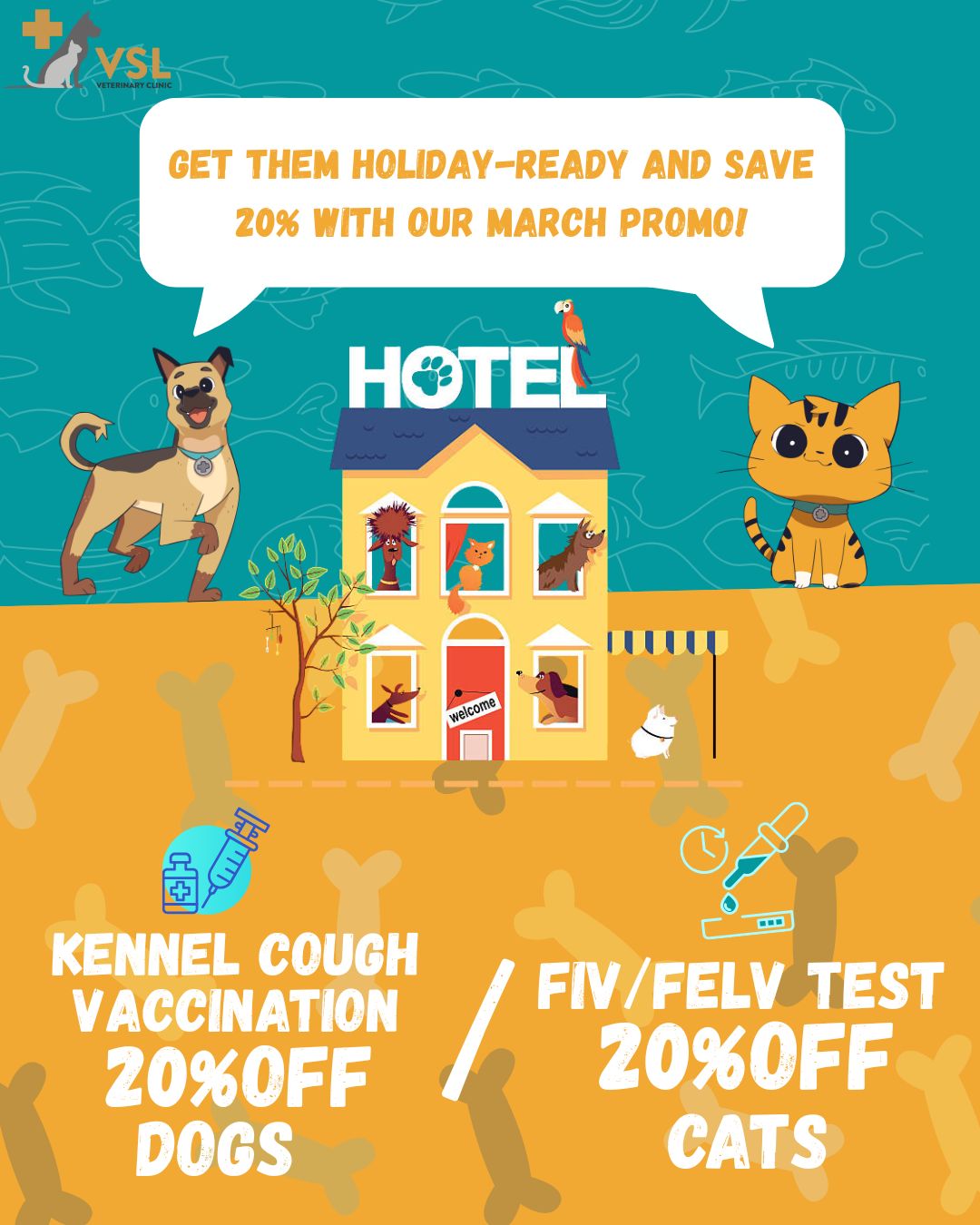 Planning to board your pets this Khmer New Year? 🎉🐾
Get them holiday-ready and save 20% with our March Promo!With the busy season coming up, many pet hotels and boarding facilities require up-to-date health checks and vaccinations to keep all furry guests safe and happy. Make sure your pet is fully prepared before their stay!🐱 For Cats
🔹 FIV / FeLV Test🐶 For Dogs
🔸 Kennel Cough Vaccination
🔸 Important: Must be given at least 3 weeks before boardingBook early, travel worry-free, and let your pets enjoy a safe and comfortable holiday too! 🐾✨
🔗Link: https://ap-booking.vetstoria.com/booking/66b5d69745c87/?r=6
📞Phone: 023-986-640
📲WhatsApp: 017 464 681
📲Telegram: https://t.me/VSLveterinaryclinic
📍Visit us in BKK1: https://share.google/pglZkQrmunrFuLRKX
📱Join our VSL Telegram group: https://t.me/+5d7K4kN3Y0ljZTEy~~~~~🎉🐾 កំពុងរៀបចំដាក់សត្វស្នាក់នៅសណ្ឋាគារសត្វសម្រាប់ឆ្នាំថ្មីខ្មែរ មែនទេ? 🐾🎉ត្រៀមឲ្យកូនសត្វរបស់អ្នករួចរាល់សម្រាប់ថ្ងៃឈប់សម្រាក និងទទួលបាន បញ្ចុះតម្លៃ 20% ជាមួយប្រូម៉ូសិនខែមីនា!ក្នុងរដូវកាលមមាញឹកនេះ សណ្ឋាគារ និងកន្លែងស្នាក់នៅសត្វជាច្រើន តម្រូវឲ្យមានការត្រួតពិនិត្យសុខភាព និងវ៉ាក់សាំងដែលបានធ្វើបច្ចុប្បន្នភាព ដើម្បីធានាសុវត្ថិភាព និងសុខុមាលភាពសម្រាប់ភ្ញៀវរោមទាំងអស់។ សូមធានាថា សត្វរបស់អ្នកបានត្រៀមរួចរាល់មុនពេលស្នាក់នៅ!🐱 សម្រាប់ឆ្មា
🔹 តេស្ត FIV / FeLV🐶 សម្រាប់ឆ្កែ
🔸 វ៉ាក់សាំង Kennel Cough
🔸 សំខាន់៖ ត្រូវចាក់យ៉ាងហោចណាស់ 3 សប្ដាហ៍ មុនថ្ងៃស្នាក់នៅ📅 កក់ពេលមុន ដើម្បីធ្វើដំណើរដោយគ្មានការព្រួយបារម្ភ ហើយឲ្យកូនសត្វរបស់អ្នករីករាយនឹងថ្ងៃឈប់សម្រាកយ៉ាងសុវត្ថិភាព និងសុខស្រួលផងដែរ! 🐾✨
🔗 តំណភ្ជាប់: https://ap-booking.vetstoria.com/booking/66b5d69745c87/?r=6
📞 ទូរស័ព្ទ: 023-986-640
📲 WhatsApp:+855 017 464 681
📲Telegram: https://t.me/VSLveterinaryclinic
📍 មកកាន់យើងនៅ BKK1: https://share.google/pglZkQrmunrFuLRKX
📱 ចូលរួមក្រុម VSL Telegram របស់យើង: https://t.me/+5d7K4kN3Y0ljZTEy