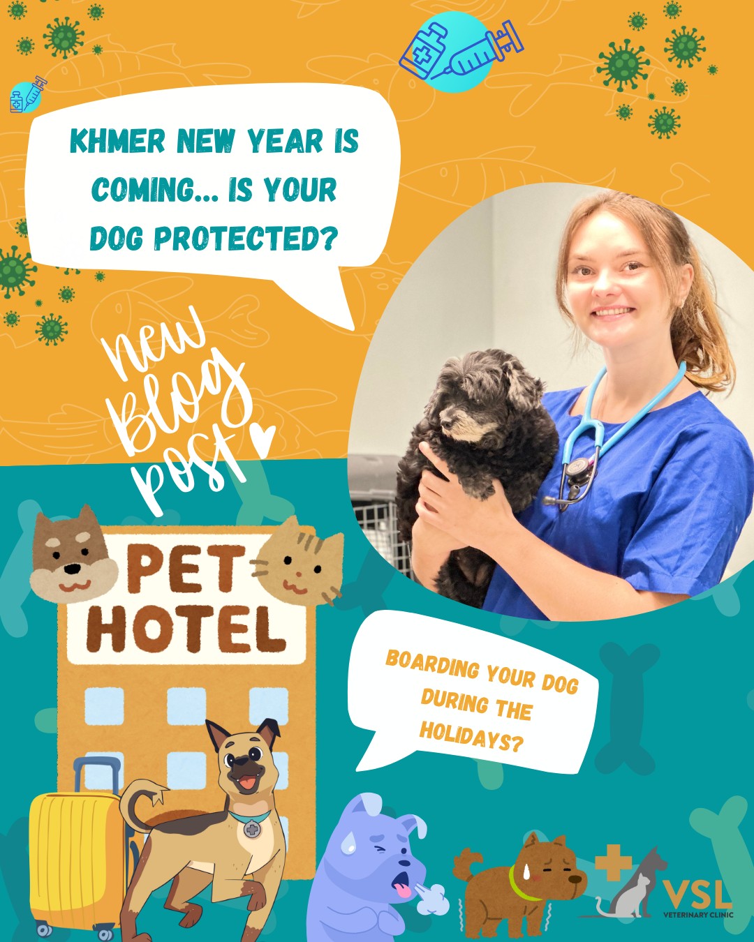 Khmer New Year is coming! 🎉
Are you planning to travel and leave your dog at a pet hotel or daycare?Places where dogs gather can increase the risk of kennel cough  a contagious respiratory infection. The good news? It can be prevented with vaccination 💉Protect your furry friend before the holidays and enjoy your trip with peace of mind ❤️👉 Click the link to read the full blog post and learn more!
https://vslveterinary.com/khmer-new-year-is-coming-is-your-dog-protected/Don’t miss our 20% discount this month!
🔖Book your appointment:
🔗Link: https://ap-booking.vetstoria.com/booking/66b5d69745c87/?r=6
📞Phone: 023-986-640
📲WhatsApp: 017 464 681
📲Telegram: https://t.me/VSLveterinaryclinic
📍Visit us in BKK1: https://share.google/pglZkQrmunrFuLRKX
📱Join our VSL Telegram group: https://t.me/+5d7K4kN3Y0ljZTEy~~~~~~🎉 បុណ្យចូលឆ្នាំខ្មែរ កំពុងខិតជិតមកដល់ហើយ! 🎉តើអ្នកកំពុងមានគម្រោងធ្វើដំណើរ ហើយទុកឆ្កែរបស់អ្នកនៅសណ្ឋាគារសត្វ ឬកន្លែងថែទាំមែនទេ? 🐶កន្លែងដែលមានឆ្កែជាច្រើន អាចបង្កើនហានិភ័យនៃជំងឺ Kennel Cough ដែលជាជំងឺផ្លូវដង្ហើមឆ្លងបាន។ ប៉ុន្តែដំណឹងល្អគឺ អាចការពារបានដោយការចាក់វ៉ាក់សាំង 💉ការពារកូនសត្វរបស់អ្នកមុនថ្ងៃឈប់សម្រាក ហើយធ្វើដំណើរដោយសុខចិត្ត ❤️👉 ចុចតំណខាងក្រោម ដើម្បីអានអត្ថបទពេញ និងស្វែងយល់បន្ថែម
https://vslveterinary.com/khmer-new-year-is-coming-is-your-dog-protected/✨ កុំភ្លេច! មានបញ្ចុះតម្លៃ 20% ក្នុងខែនេះផងដែរ!
🔖 កក់ពេលជួបរបស់អ្នក៖
🔗 តំណភ្ជាប់: https://ap-booking.vetstoria.com/booking/66b5d69745c87/?r=6
📞 ទូរស័ព្ទ: 023-986-640
📲 WhatsApp:+855 017 464 681
📲Telegram: https://t.me/VSLveterinaryclinic
📍 មកកាន់យើងនៅ BKK1: https://share.google/pglZkQrmunrFuLRKX
📱 ចូលរួមក្រុម VSL Telegram របស់យើង: https://t.me/+5d7K4kN3Y0ljZTEy